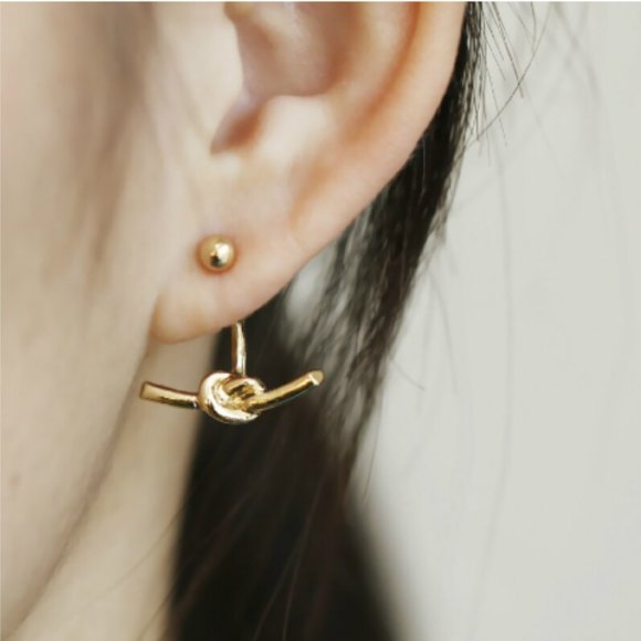 Gold Tone Simple Minimalist Knot Earrings - Picture 2 of 3
